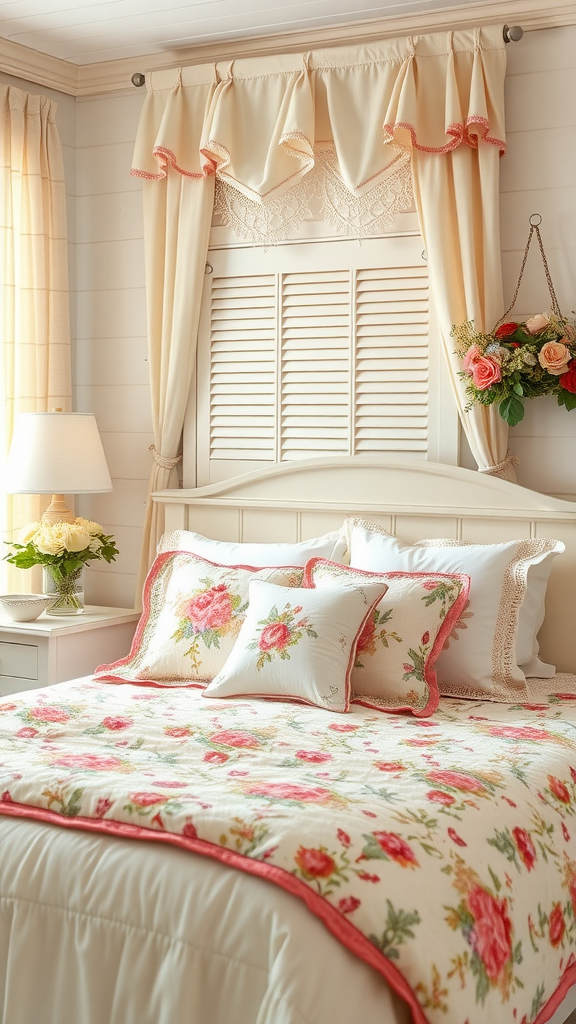 A cozy cottage-style bedroom featuring a floral quilt, matching pillows, and sheer curtains