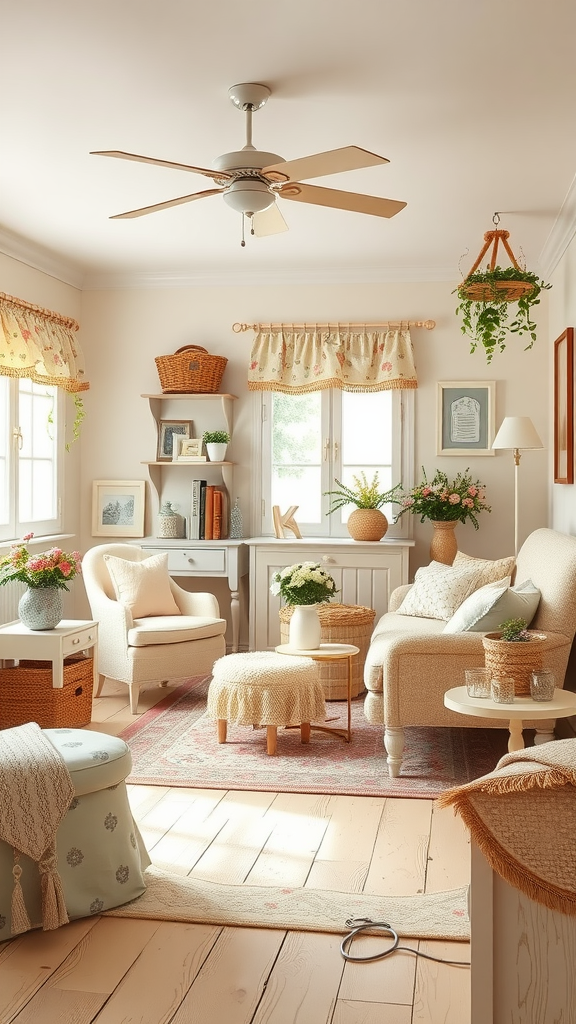 Cozy cottage-style beige bedroom with natural light, plants, and soft furnishings.