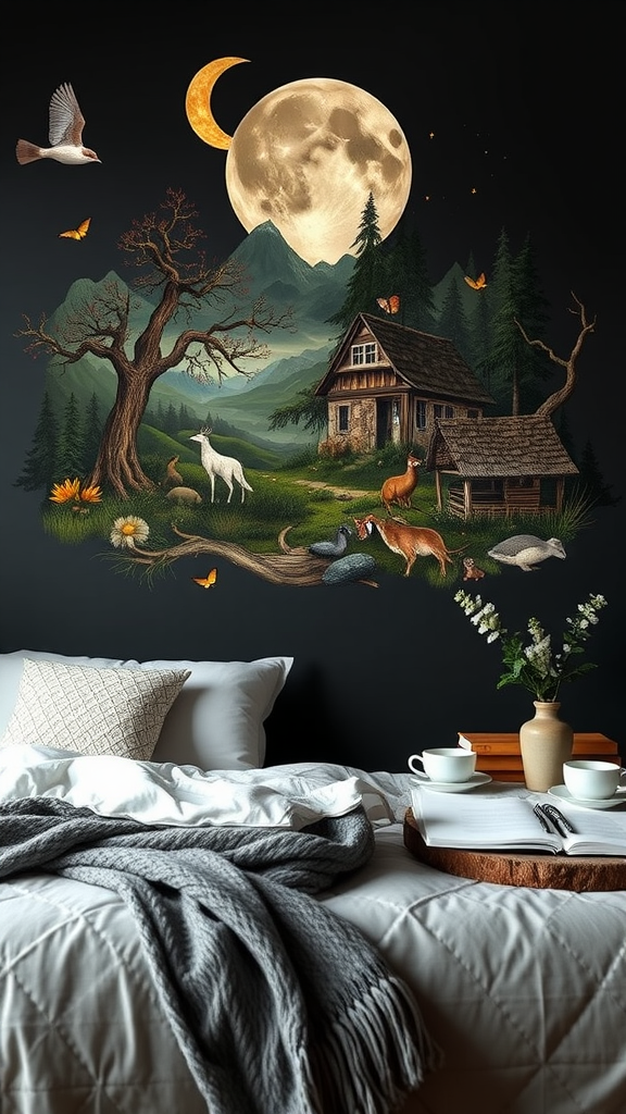 Artwork of a cozy cottage surrounded by nature, moonlight, and whimsical animals