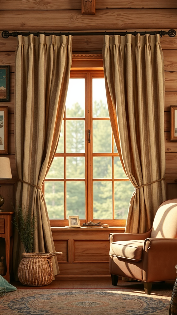 Country-style curtains in a cozy living room with wooden interior.