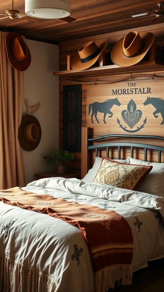 Cozy western boho bedroom with cowboy hats, rustic decor, and warm wooden tones.