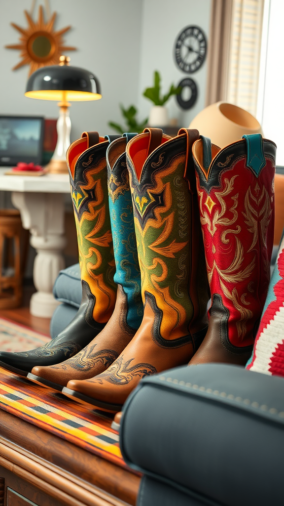 Colorful cowboy boots displayed in a cozy living room setting.