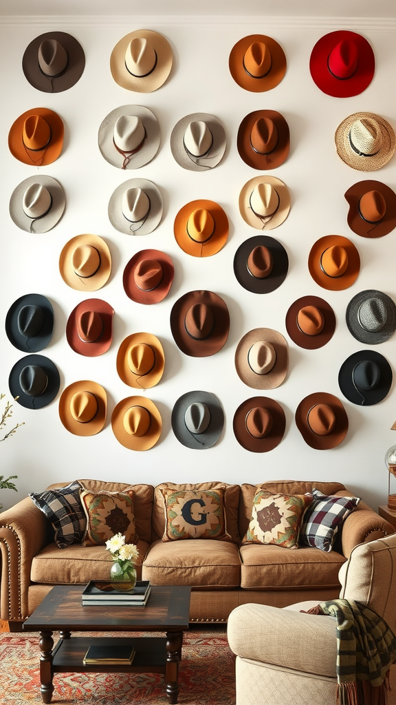 A cozy living room featuring a wall decorated with various cowboy hats in different colors, paired with a comfortable sofa and coffee table.