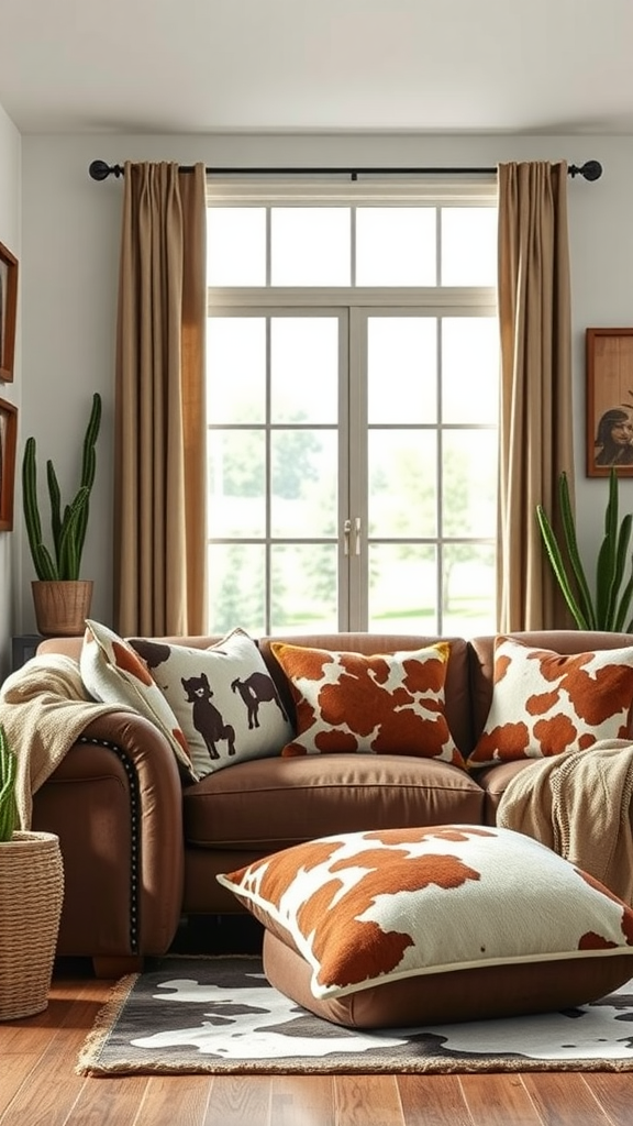 Cozy living room with cowhide accent pillows and rug, featuring a leather couch and plants