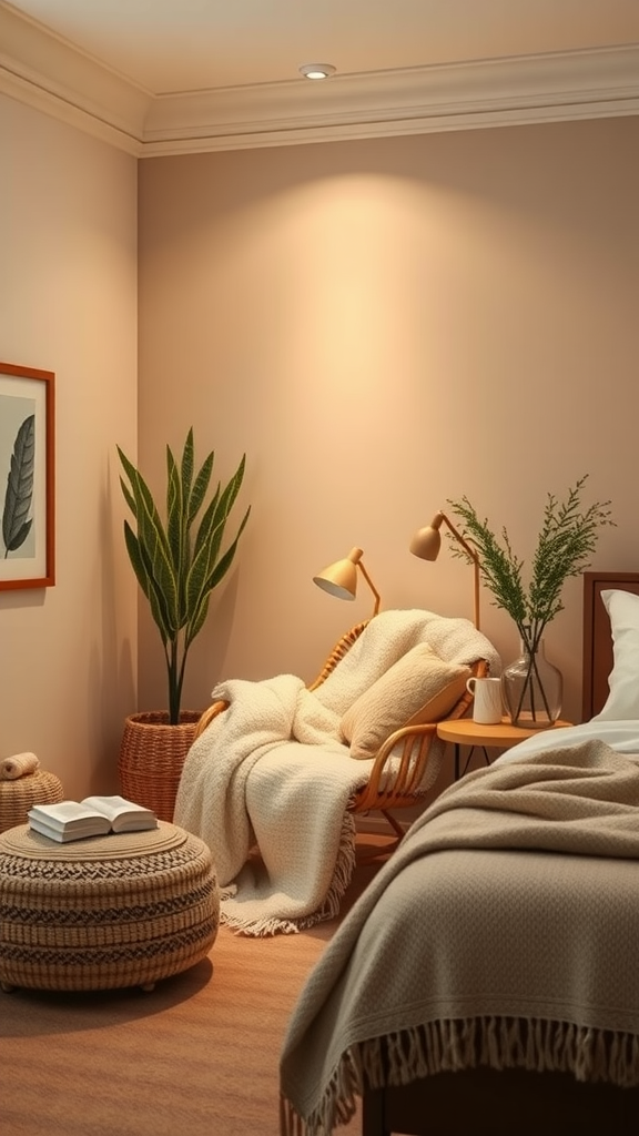 A cozy beige nook featuring a rocking chair, soft throws, a plant, and warm lighting.