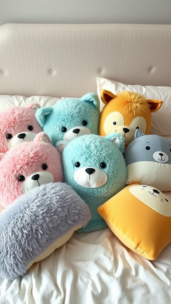 A collection of colorful plush animal pillows on a bed