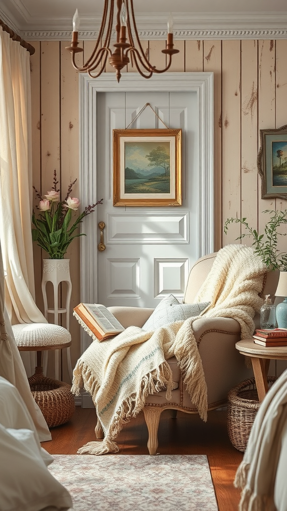 Cozy reading nook with an armchair, soft blanket, and decor elements