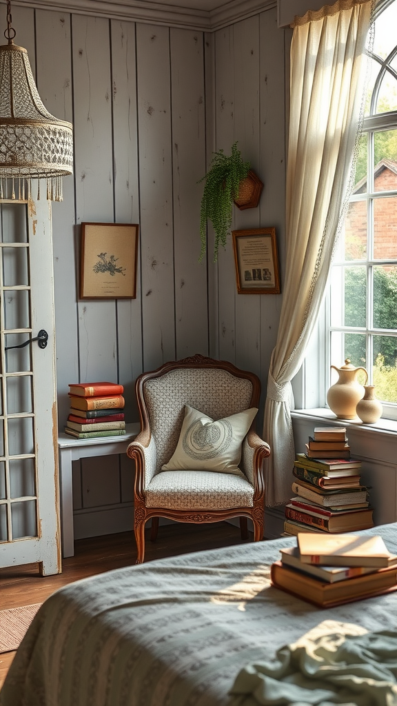 A cozy reading nook with a vintage armchair, stacks of books, and warm lighting. 