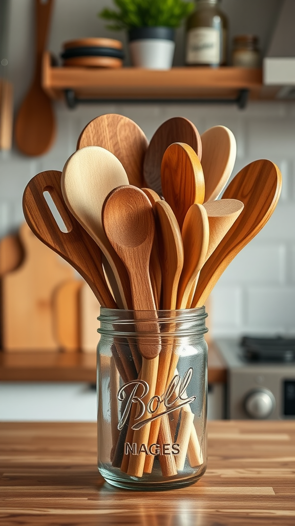 A collection of wooden utensils in a glass jar on a kitchen counter