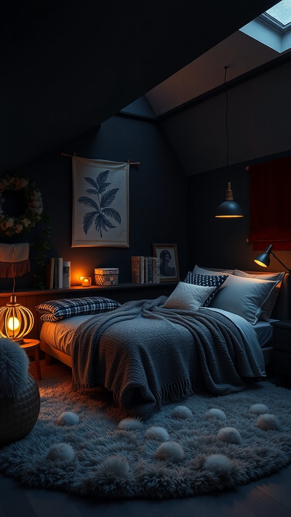 A dark cottagecore bedroom with a cozy bed, soft lighting, and decorative touches