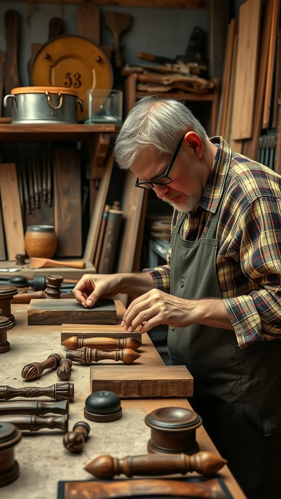 Artisan working on dark wood kitchen handles in a workshop.