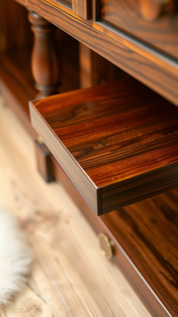 Close-up of a cherry wood drawer showcasing fine craftsmanship