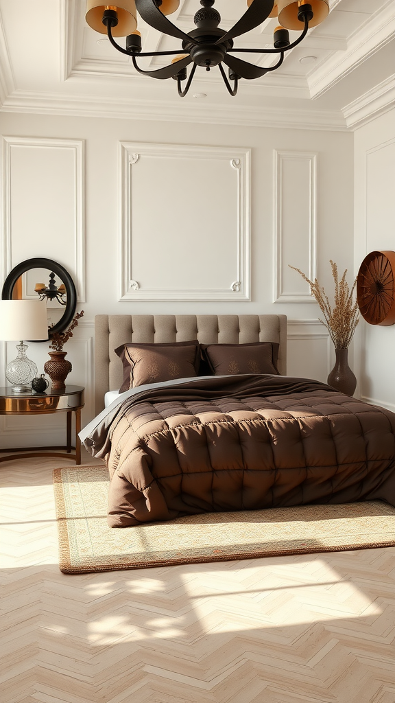 A beautifully designed bedroom with creamy white walls and chocolate brown bedding, featuring elegant decor and warm lighting.