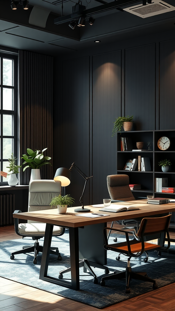 A modern office with dark walls, stylish furniture, and plants, creating a cozy workspace. Moody Office Ideas