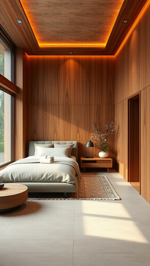 A serene cherry wood bedroom with soft bedding, warm lighting, and a calming atmosphere.