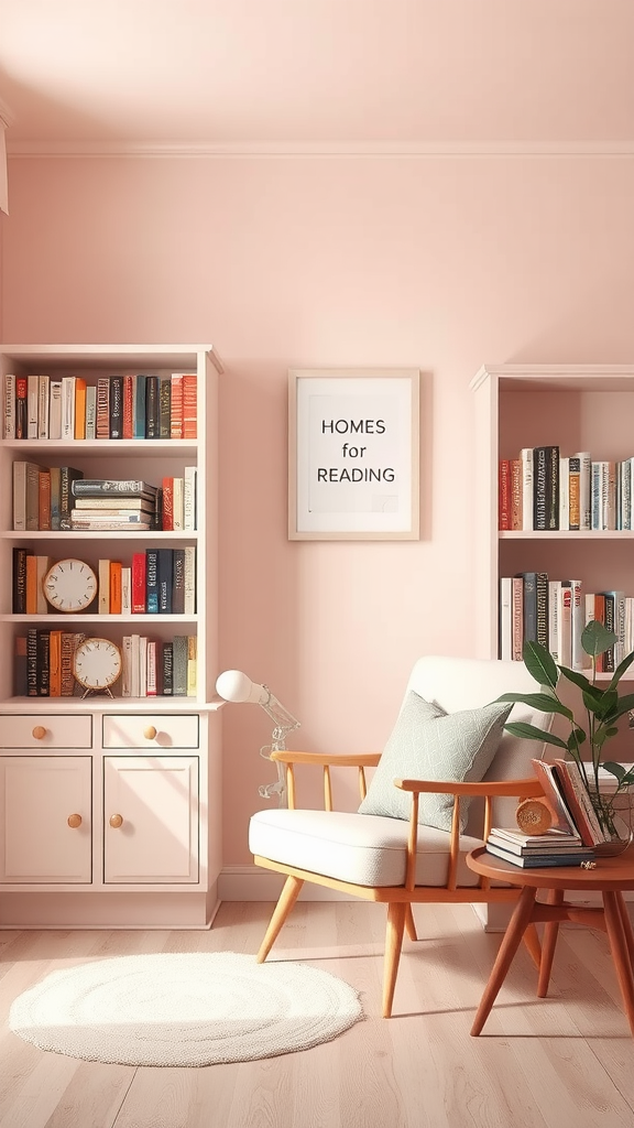 Cozy dusty pink reading nook with bookshelves, a comfortable chair, and decorative elements.