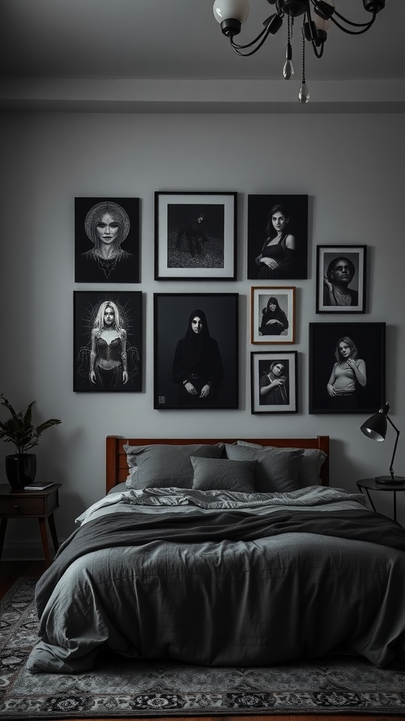 A moody bedroom with a gallery wall featuring framed black and white artworks.
