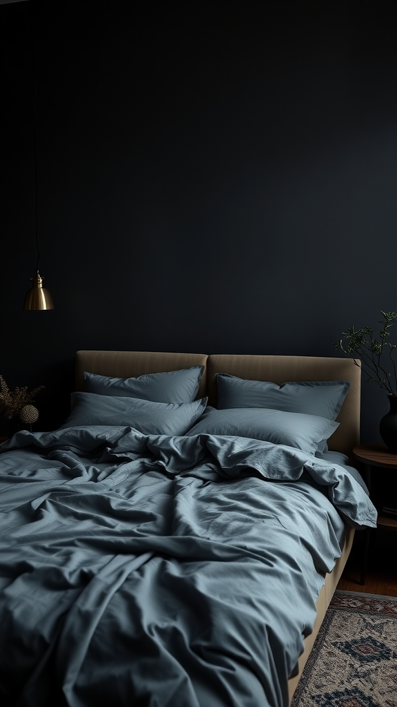 A cozy bedroom featuring soft blue linens on a bed against a dark wall, with stylish lighting and a plant.