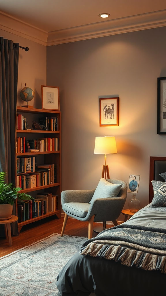 Cozy bedroom reading nook with a chair, lamp, and bookshelf.