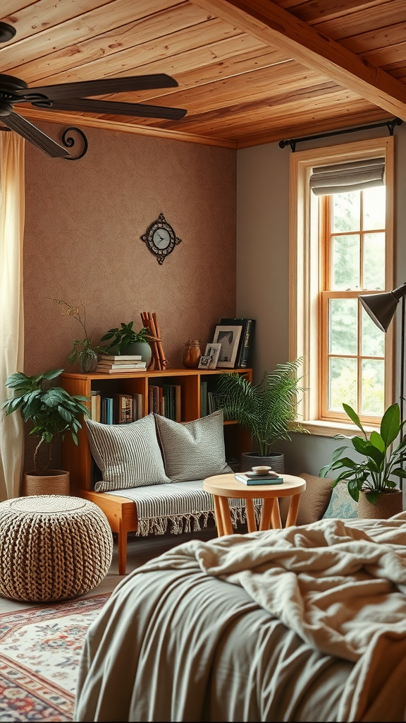 Cozy reading nook with wooden ceiling, plants, and comfortable seating.