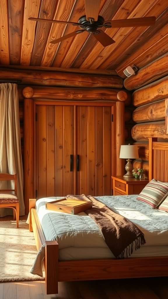 Rustic cherry wood bedroom with wooden logs, cozy bed, and soft lighting