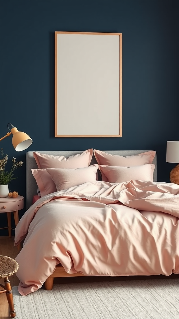 A cozy bedroom featuring dusty pink bedding and a navy blue wall.
