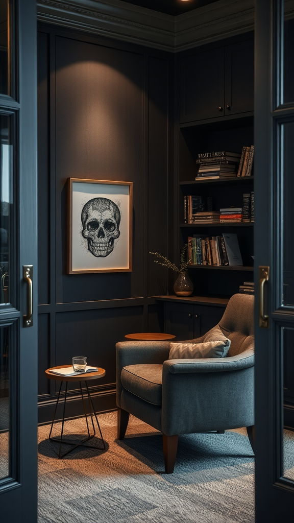 A cozy office nook featuring a gray armchair, side table, dark walls, and skull artwork.