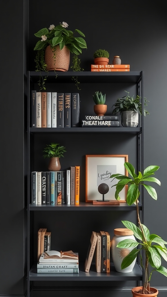 Curated shelving in a dark cottagecore bedroom with books and plants