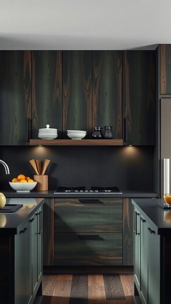 A modern kitchen featuring dark wood cabinetry and green accents, with a focus on warmth and depth.
