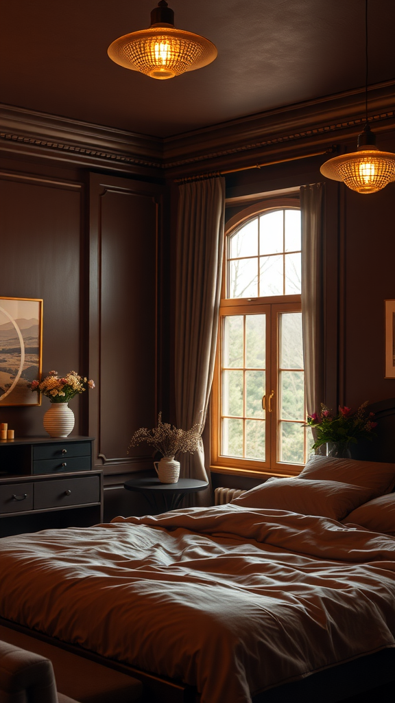 Cozy chocolate brown bedroom with warm lighting and elegant decor.
