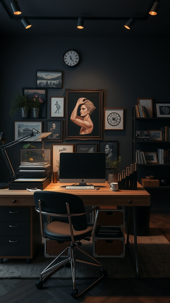 A stylishly arranged desk in a moody office featuring dark walls, framed art, and a computer setup