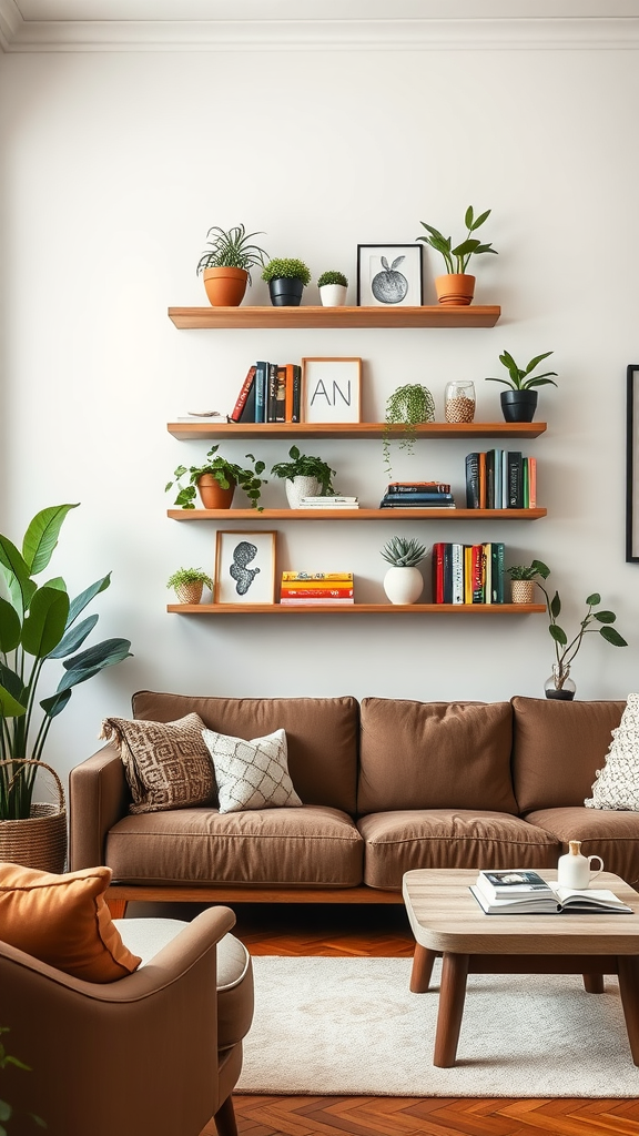 A cozy living room featuring a stylish shelving unit with plants, books, and decorative items.
