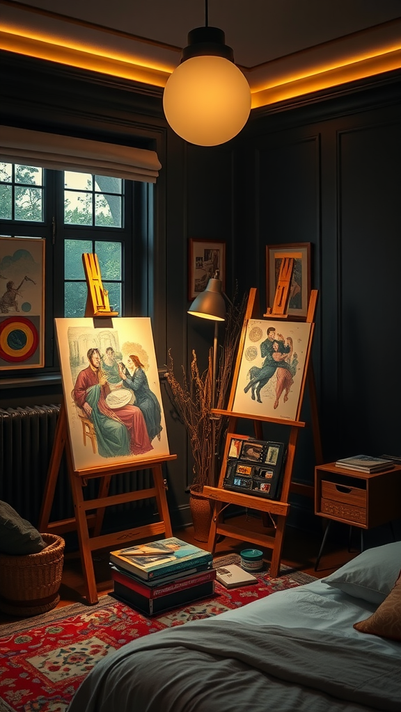 Cozy dark cottagecore bedroom with easels and artwork