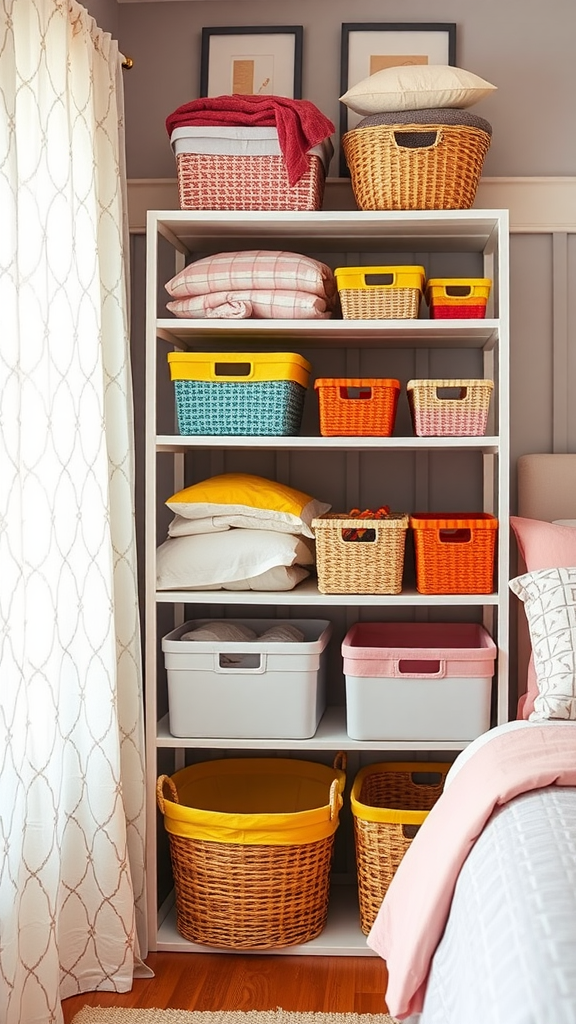 A colorful shelving unit filled with neatly organized baskets and folded blankets in a cozy bedroom.