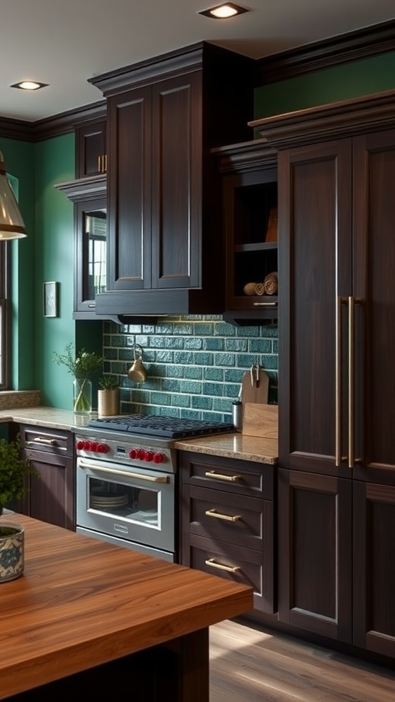 A modern kitchen with dark wood cabinets and green walls, featuring a stove and countertop.