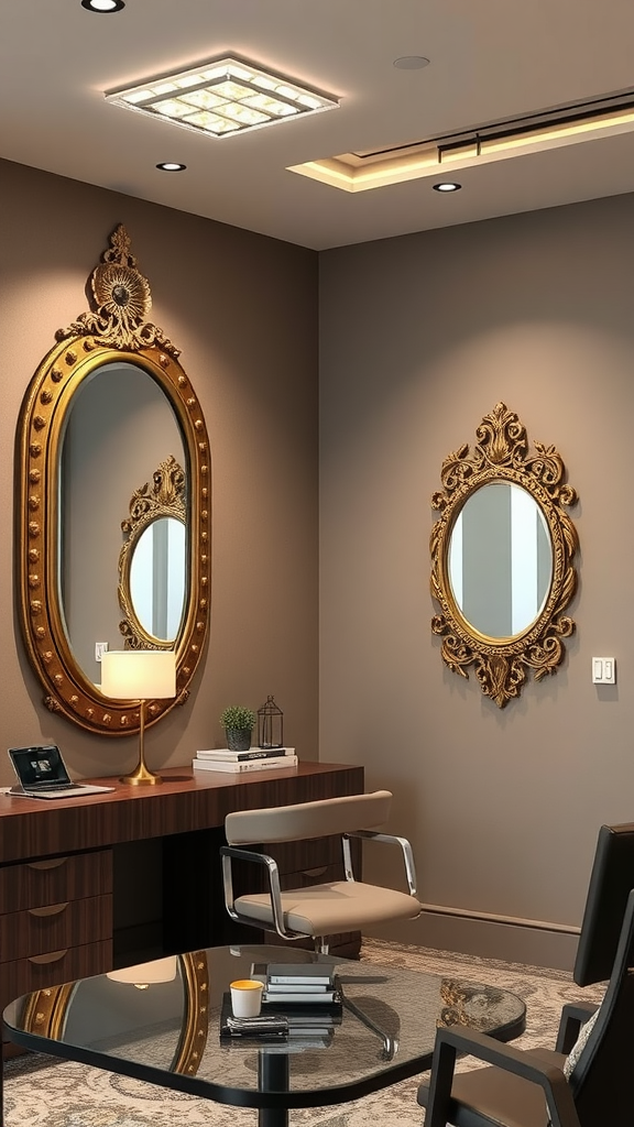 An elegant office space featuring two ornate mirrors on a wall, a stylish desk, and a modern chair.