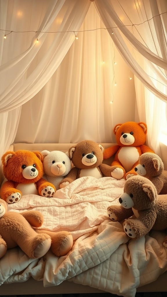 A cozy bed with multiple oversized teddy bears, draped in soft bedding and warm lighting.