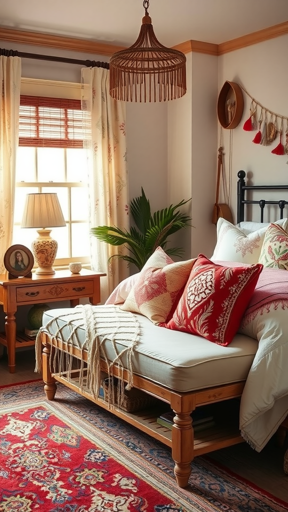 A cushioned bench in a cozy western boho bedroom, featuring decorative pillows and warm lighting.
