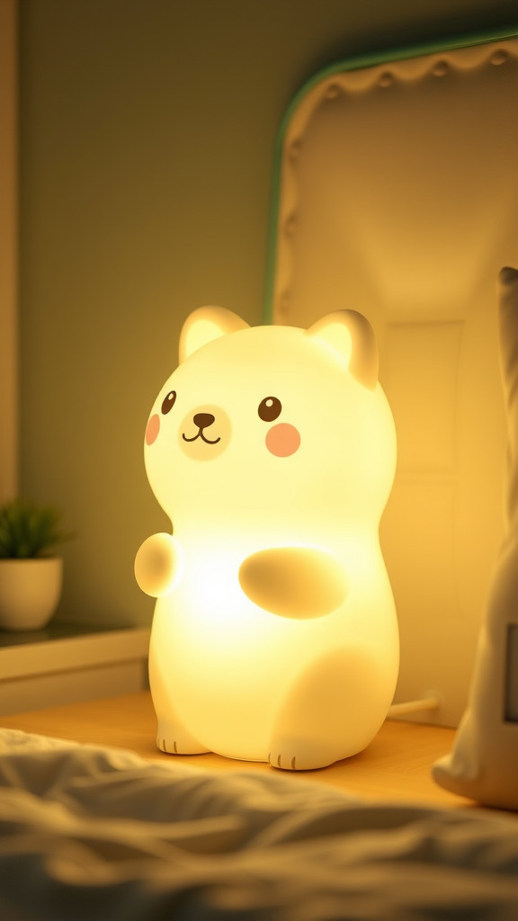 A cute bear-shaped lamp emitting a warm glow on a bedside table.