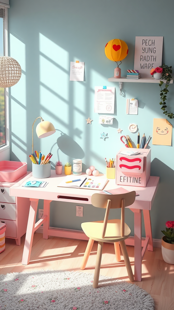 A bright and cheerful desk setup with pastel colors, colorful stationery, a cute chair, and decorative elements.