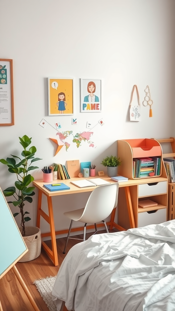 A cute and creative desk setup in a cozy bedroom with colorful stationery, wall art, and a plant.