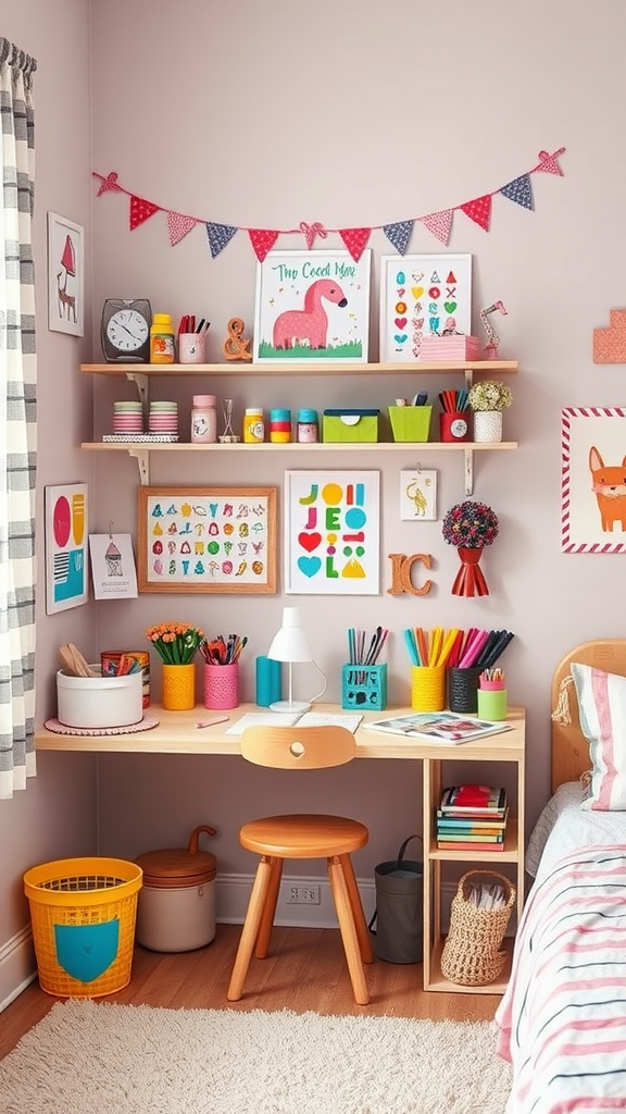 A vibrant DIY craft corner with colorful decorations, art supplies, and a neat desk setup.