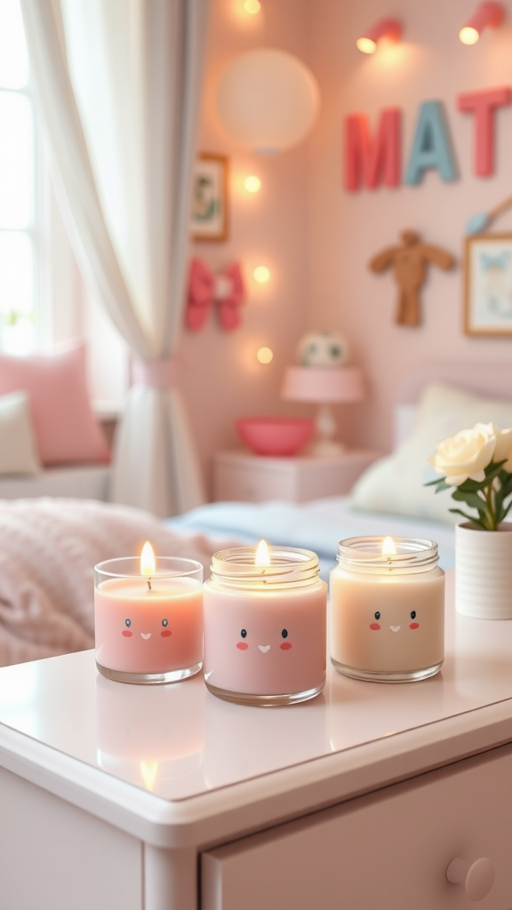 Three cute scented candles on a bedside table in a kawaiicore bedroom