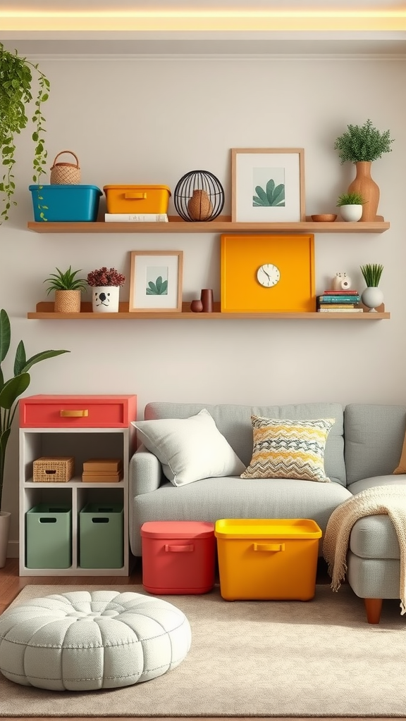 A colorful and organized living room with storage solutions featuring shelves filled with decorative items and plants, alongside a cozy sofa and storage bins.