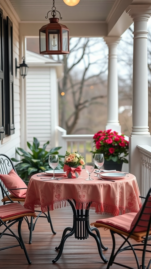 A cozy porch table setup for two, decorated with a pink tablecloth and a floral centerpiece.