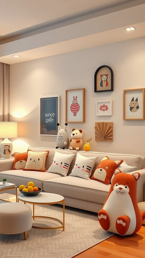 A cute living room with plush animal-themed pillows, playful wall art, and vibrant colors.