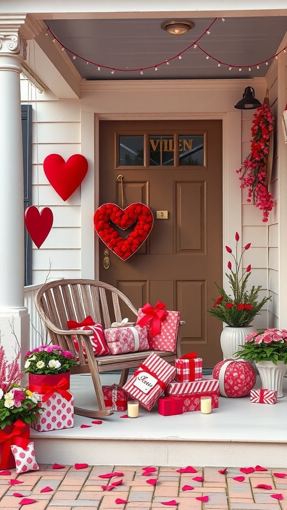 Decorated porch for Valentine's Day with gifts, flowers, and hearts. valentine porch decorating ideas