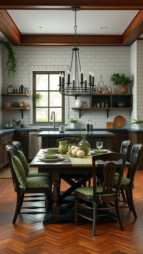 Cozy dark wood dining area in a kitchen with green accents and a chandelier.