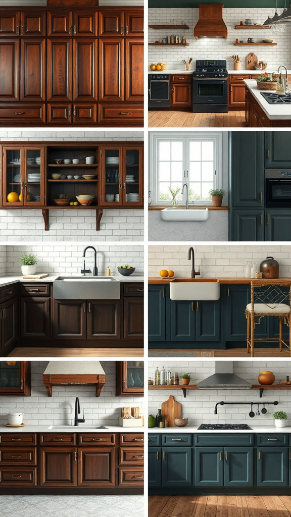 Collage of kitchens featuring dark wood kitchen handles in various designs and styles.