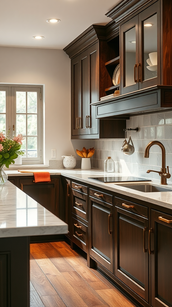 Modern kitchen featuring dark wood handles on cabinets and drawers